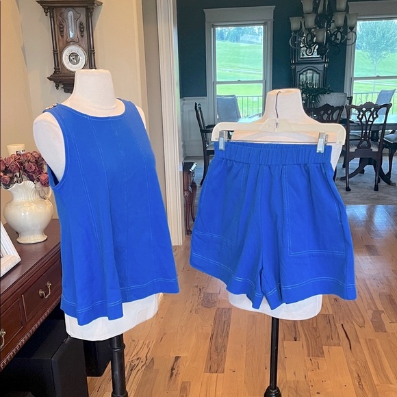 Matching Set Blue Cotton Flowy Tank Blousey Shorts New - Picture 3 of 11